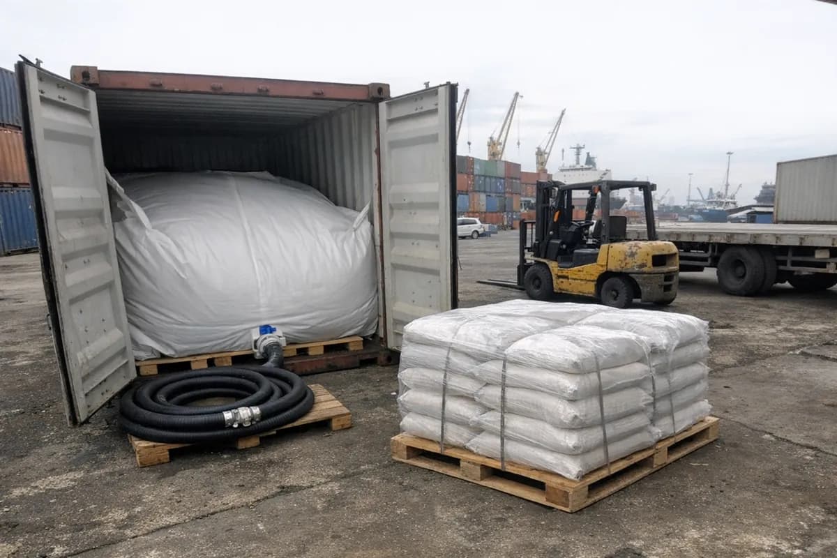 Open shipping container with a fitted flexitank and nearby stacked polypropylene-wrapped stearin bags on pallets at a port in Indonesia.