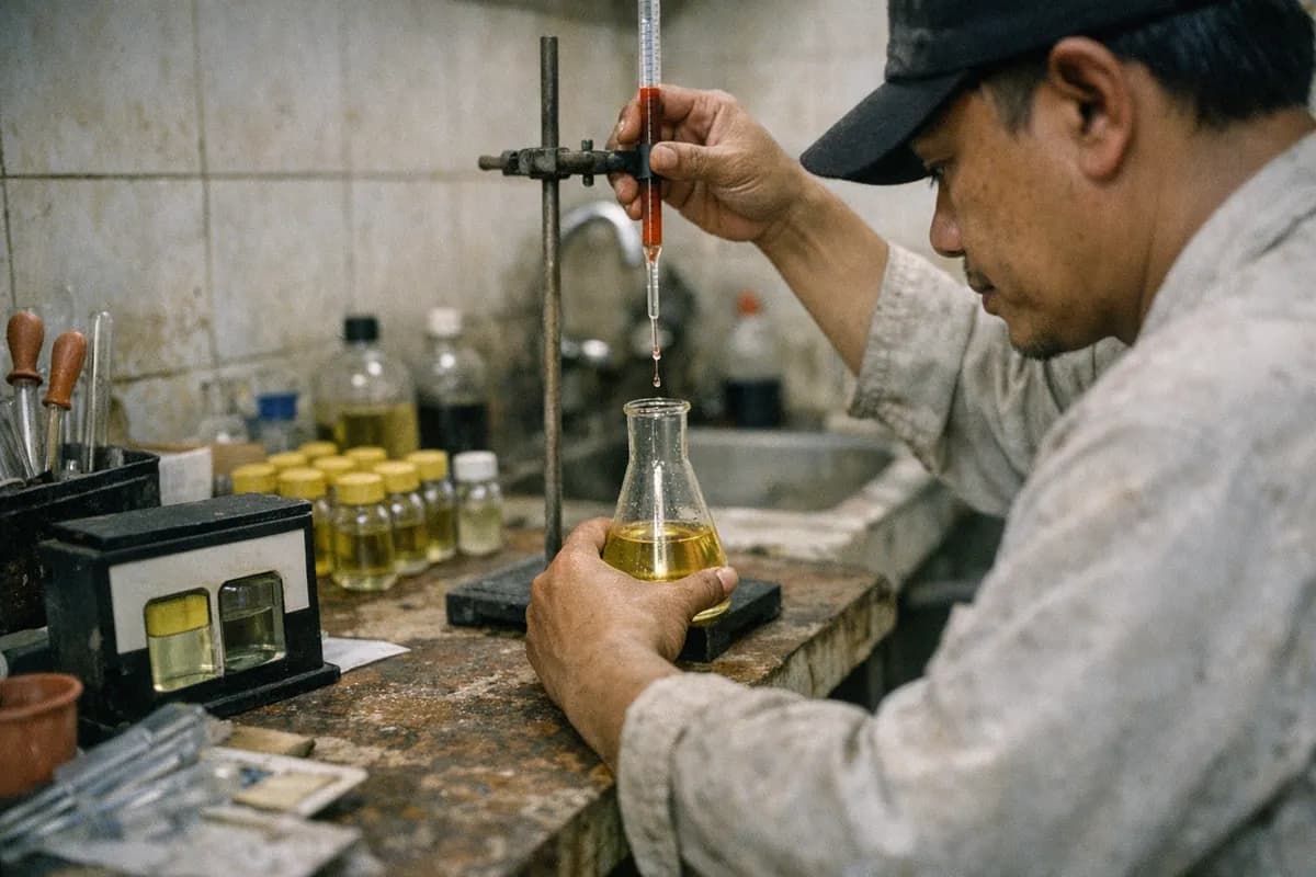 Indonesian lab technician titrating a pale yellow RBD palm olein sample at a shore-tank terminal lab in Dumai, Riau.