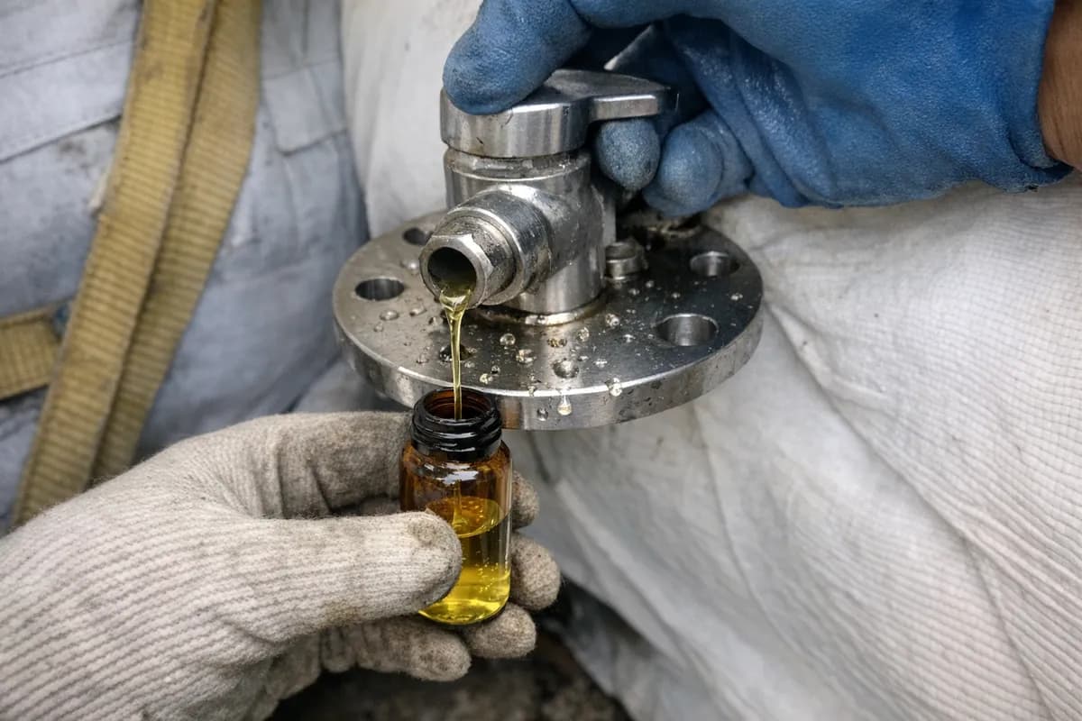 Gloved hands drawing a glass sample vial from a stainless sampling valve on a flexitank at an export packing area in Belawan Port, North Sumatra.