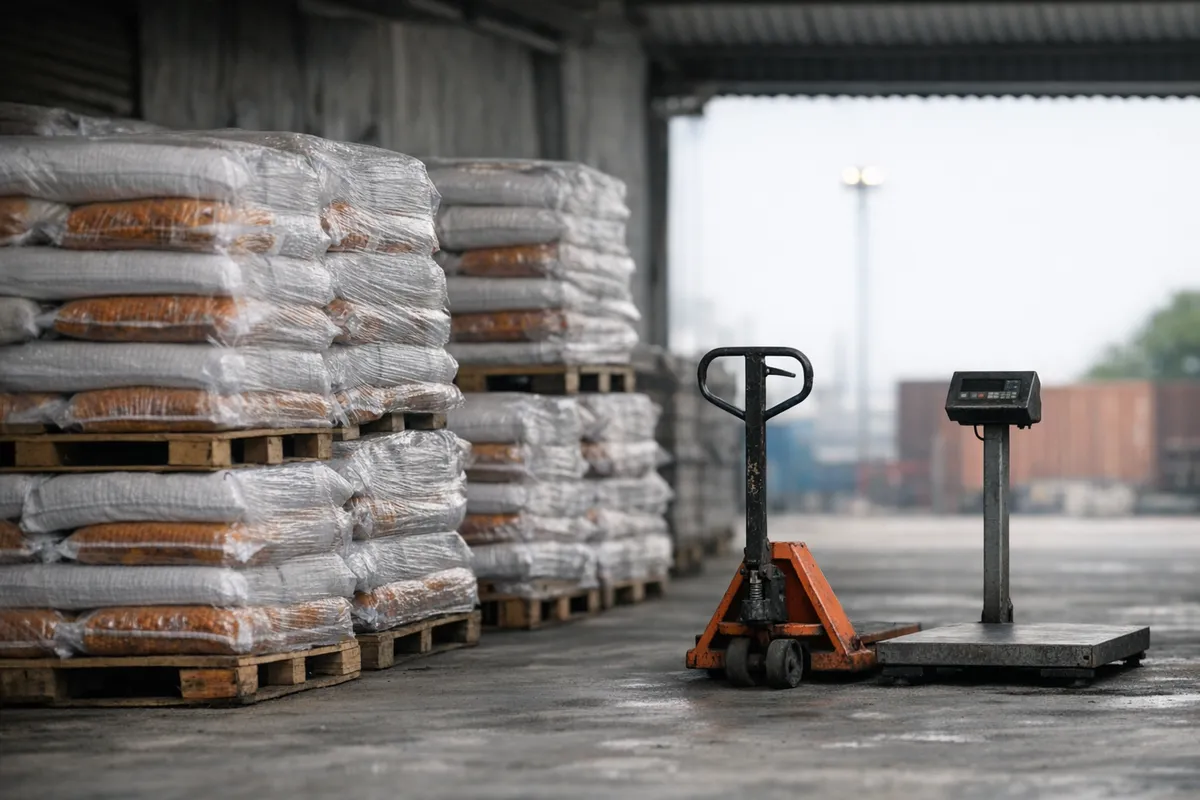Palletised woven polypropylene sacks of palm oil stacked in a bonded warehouse at Belawan, North Sumatra, Indonesia.