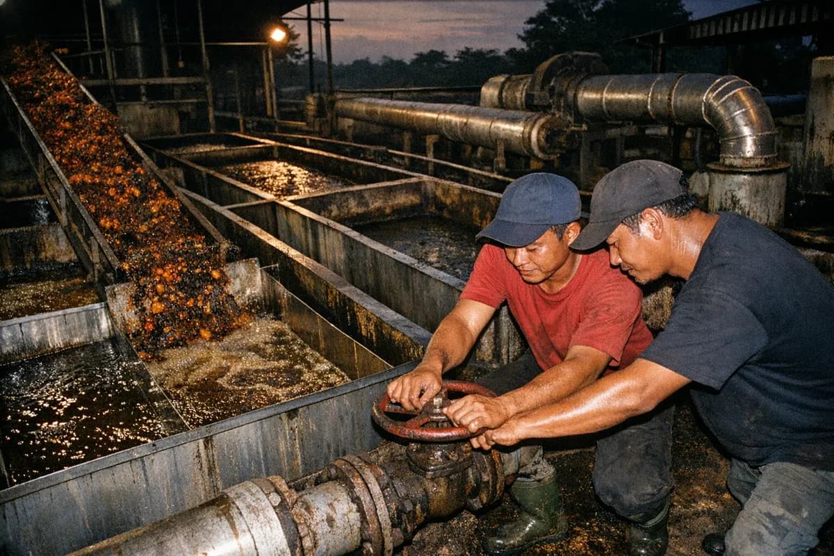 Clarification tanks and conveyors at a palm oil mill in Indonesia, with equipment in use and two mill workers checking valves in the background.