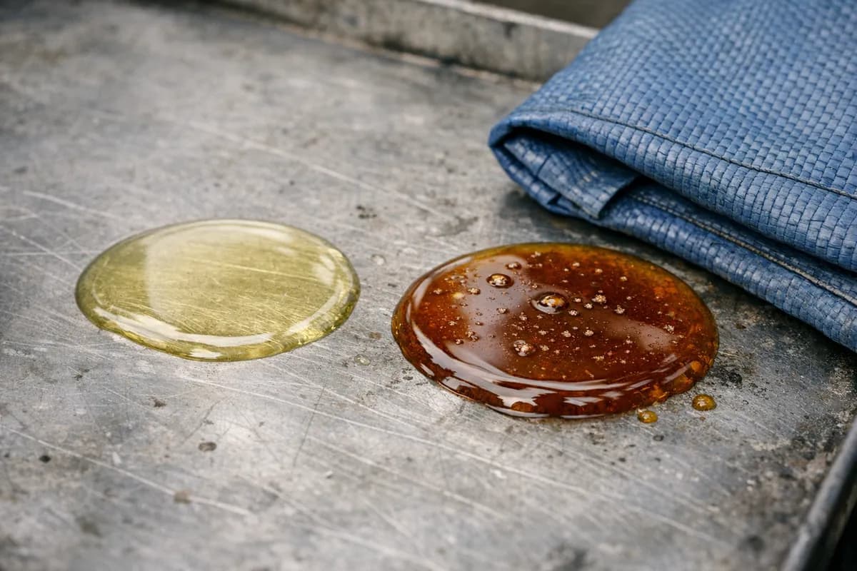 Close-up of two pools of oil on a scratched stainless steel sampling tray showing pale RBD olein and darker CPO, Dumai, Riau, Indonesia.