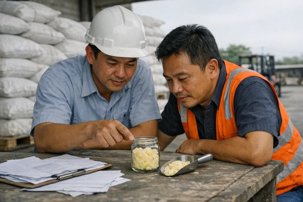 Two Indonesian procurement staff beside a sample jar of solid palm stearin on a warehouse table, with stacks of plain woven polypropylene bags on pallets behind them.