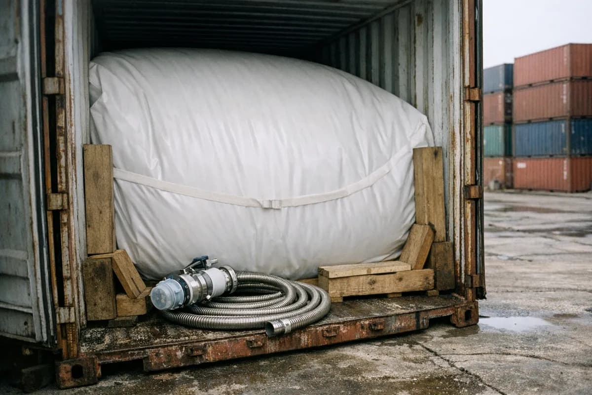 Open 20-foot container at Dumai port, Riau, showing a flexitank bladder and discharge valve.